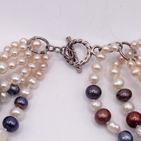 Multicolor Freshwater Pearl Multi strand Necklace Sterling Silver Closure - Picture 6 of 6